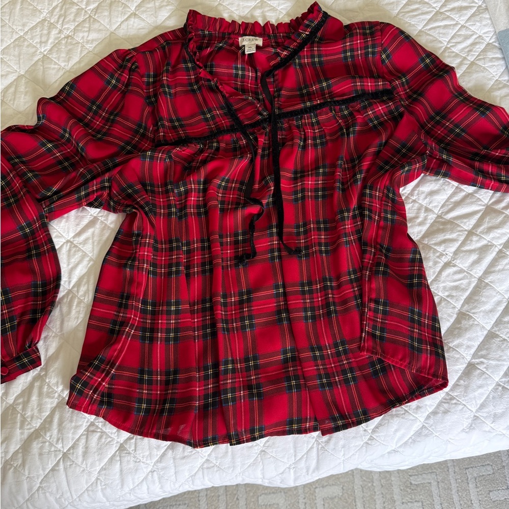 J. Crew Red and Black Plaid Ruffle Blouse